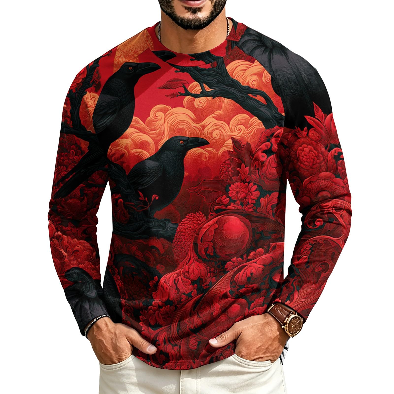 Halloween Crew Neck Shirts Costumes for Men Long Sleeve Fit Pumpkin Ghosts Print Casual Fashion Tops 2026,04-Wine S — image 1