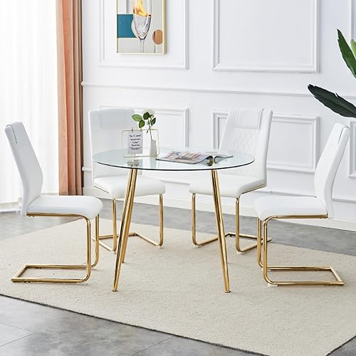 Miniatura 4 de Juego de mesa y silla, mesa de comedor circular, mesa de vidrio con un diámetro de 40 pulgadas y patas de metal chapado en oro, combinado con 4