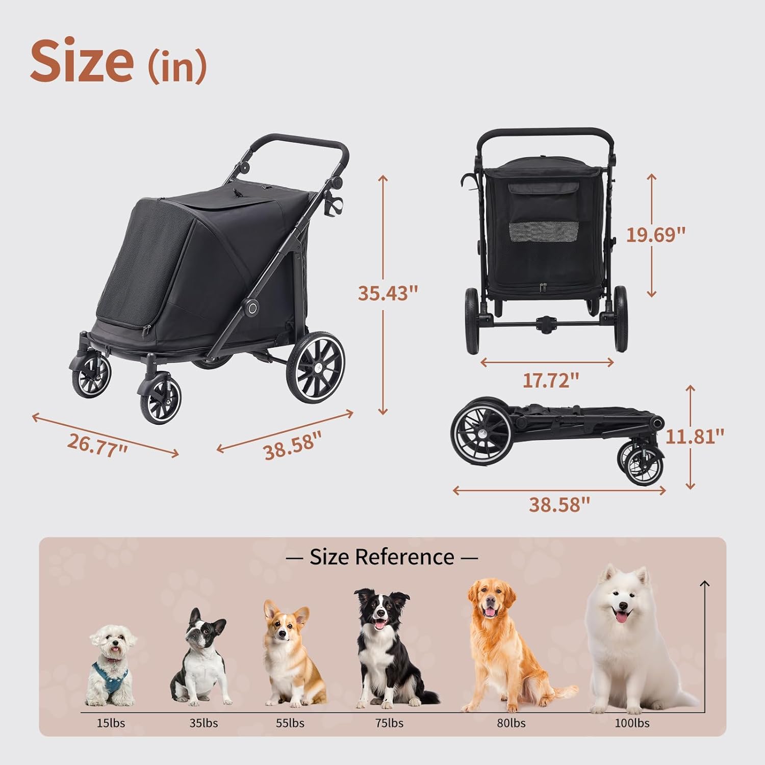 Dog Stroller for Large Dogs, 100 Lbs Capacity Heavy Duty Extra Large Pet Stroller for Medium Dogs, All Terrain Dog Wagon Cart with 12" PU Wheels, Shock Absorption, Adjustable Handle, Black