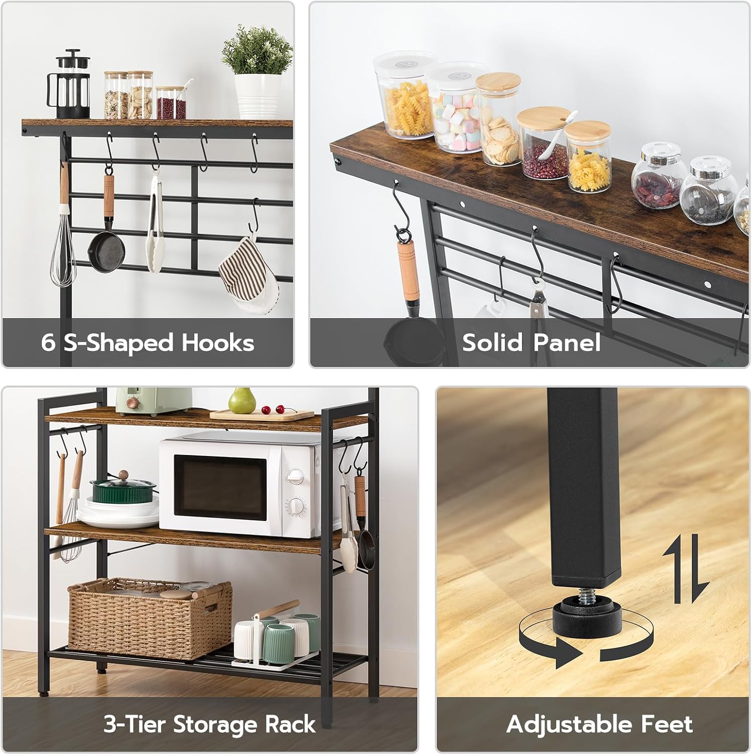 HOOBRO Bakers Rack, Microwave Stand, Kitchen Storage Shelf Rack with Hooks, Coffee Bar, 4 Shelves and Mesh Panel, Adjustable Feet, for Kitchen, Living Room, Coffee Station, Rustic Brown BF01HB01
