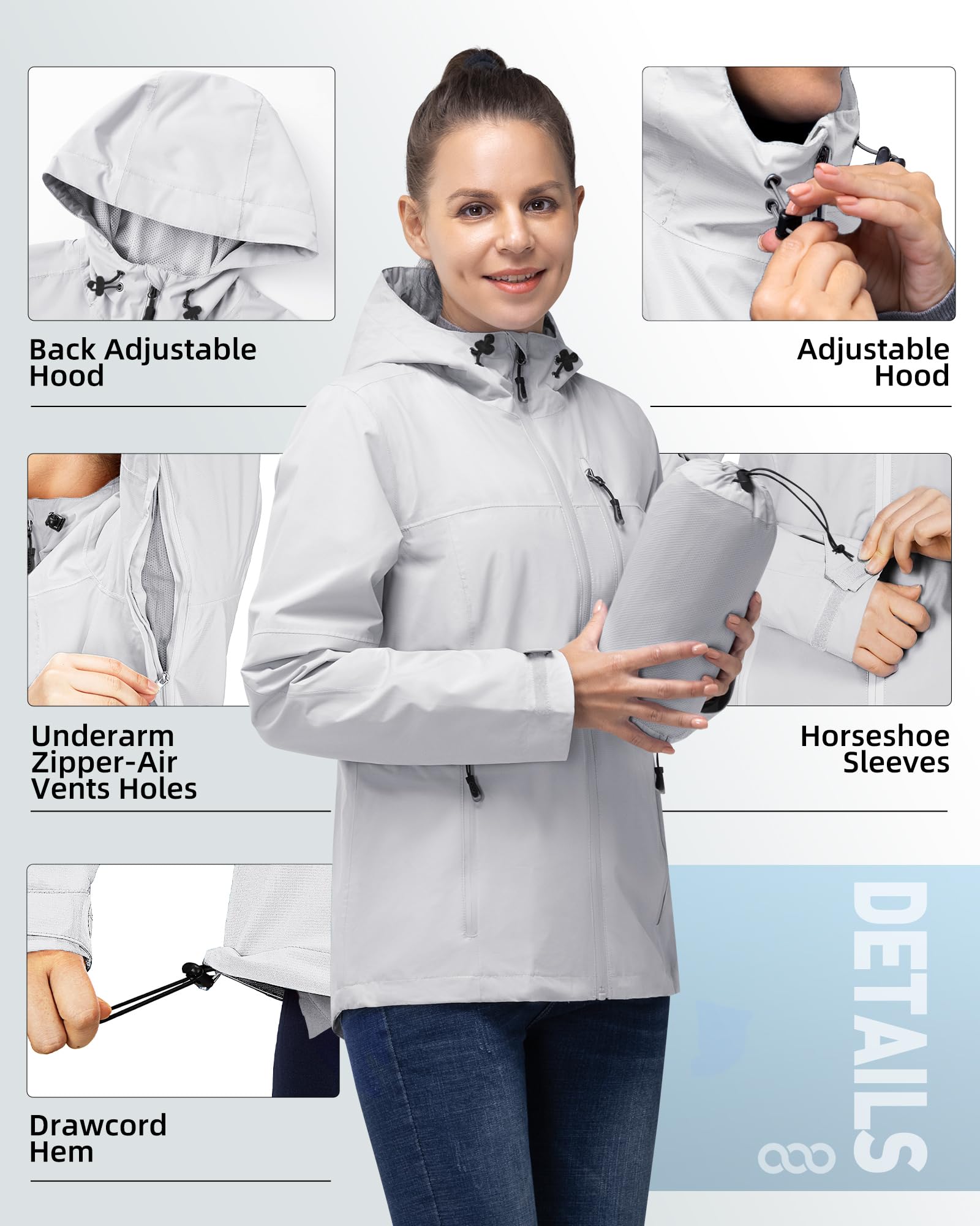 33,000ft Regenjacke Damen Wasserdicht Outdoorjacke Atmungsaktiv Herbst Übergangsjacke Leichte Jacke mit Kapuze Windbreaker zum Wandern Reisen Treking Fahrrad
