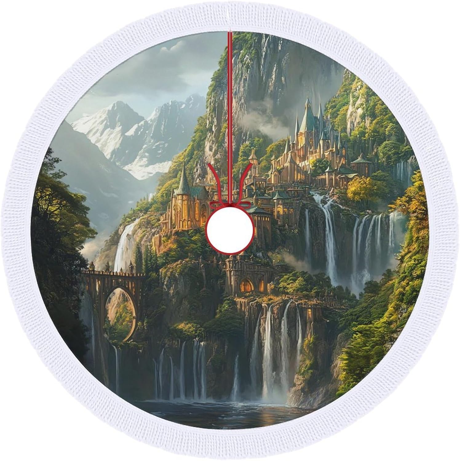 Landscape Castle Christmas Tree Skirt Round Xmas Tree Mat Ornaments Tree Skirts with Tassels for Holiday Party