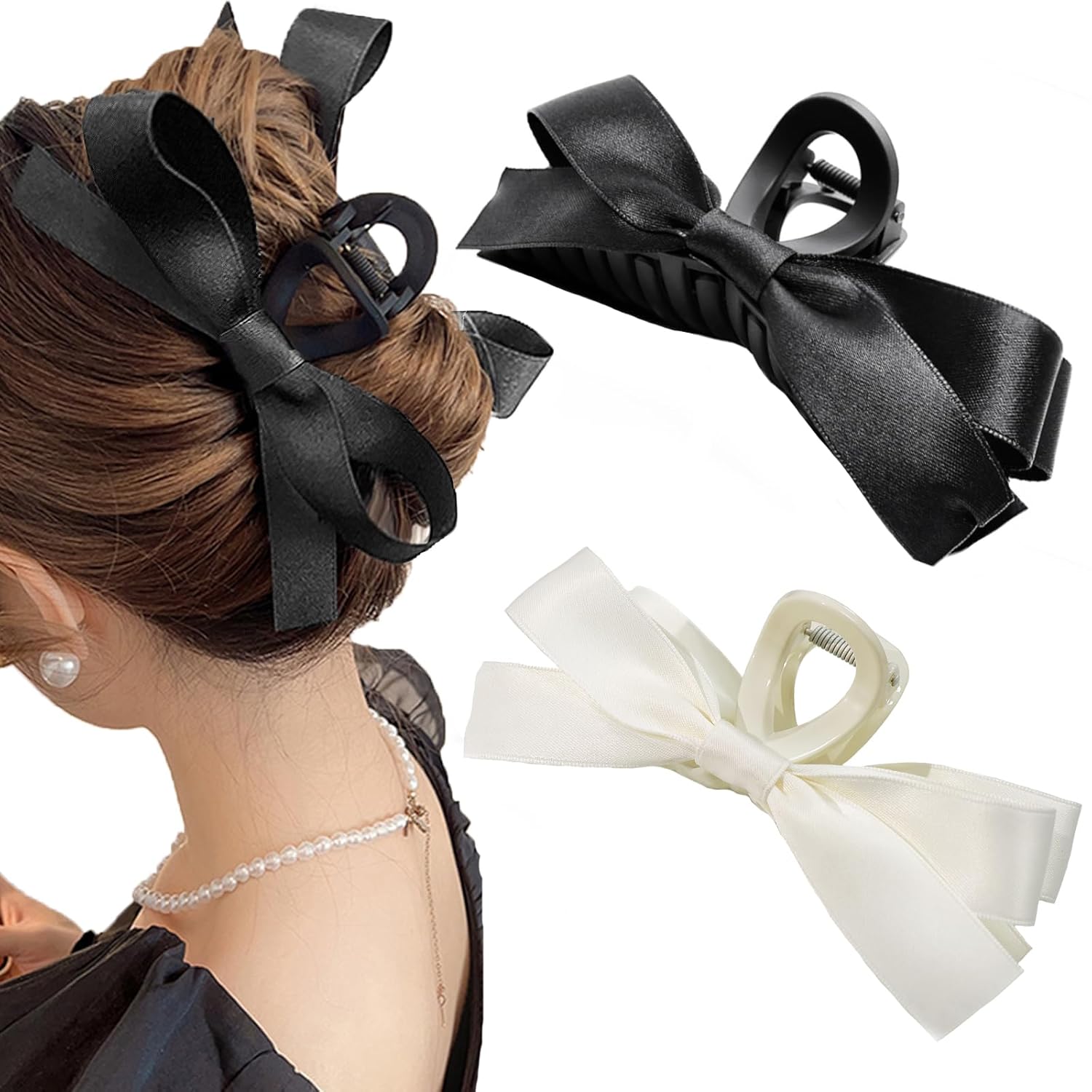 Sizobi 2Pcs Bow Claw Clips, Bow Hair Clips for Women, Satin Big Hair Bows Black White, Large Claw Clips with Bow for Thick Thin Curly Hair, Aesthetic Coquette Hair Accessories for Women Girls Adult Sizobi 2Pcs Bow Claw Clips, Bow Hair Clips for Women, Satin Big Hair Bows Black White, Large Claw Clips with Bow for Thick Thin Curly Hair, Aesthetic Coquette Hair Accessories for Women Girls Adult
