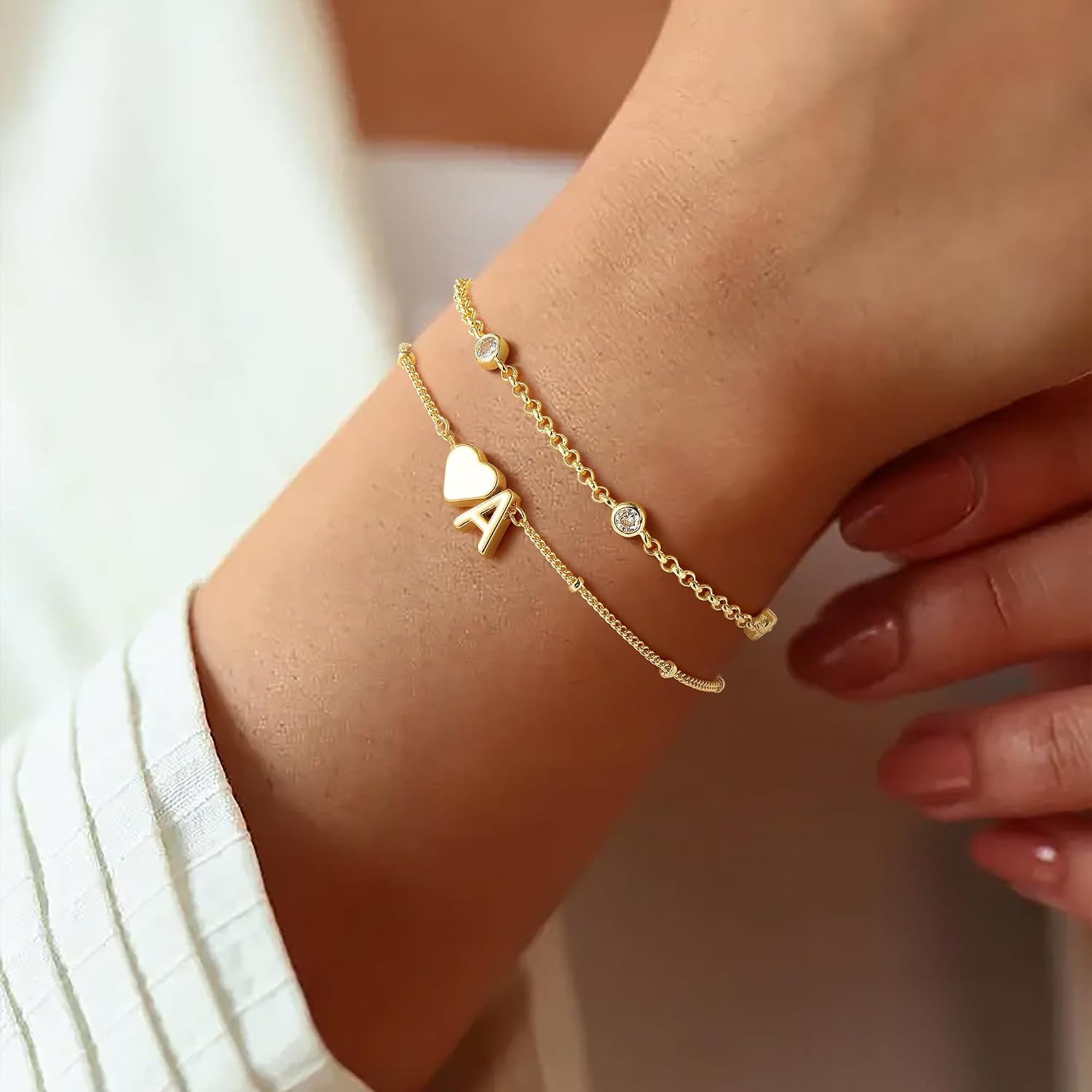 Turandoss Heart Initial Bracelets for Teen Girls - 14K Gold Plated Layered Initial Bracelets Heart Letter A-Z Charm Bracelet Stack Mom Daughter Jewelry Birthday Gifts for Women Teen Girls