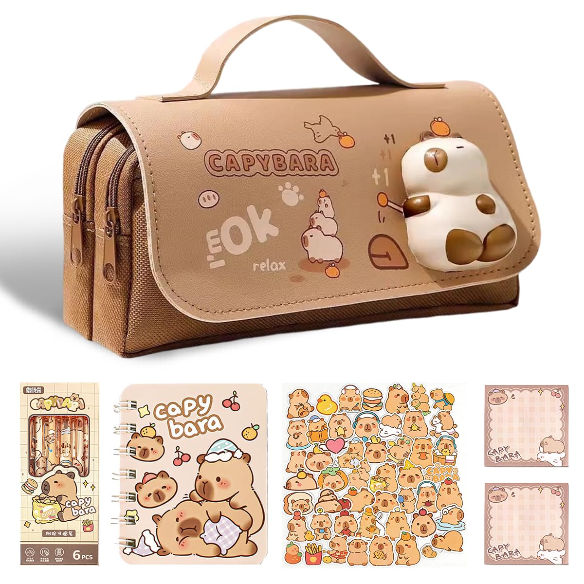 Capybara Pencil Case, Pencil Pouch Cartoon Pencils Bags with Erasable Gel Pens, Notepad, Sticky Note and Stickers Pouch Bag Pen Case Stationery Organizer Pen Pouch for School Office Supplies