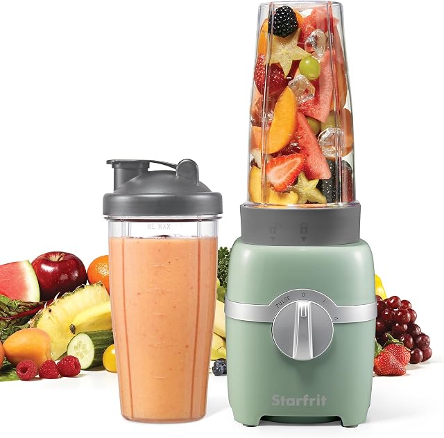 Mixeur personnel Starfrit - Deux tasses de 828ml - Deux lames - Modes élevé, bas et pulsation - 300W - Sauge