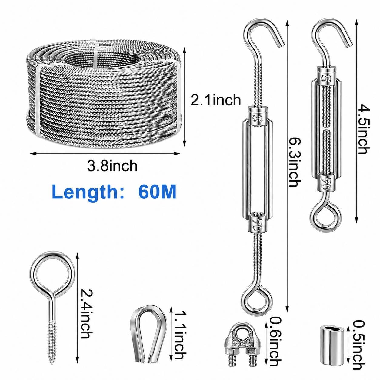 Drahtseil 3mm Set - 60M 3mm Verzinkt Stahlseil ummantelt mit ösen, M5 Spannschloss Seilspanner & Spanndraht Seilspanngarnitur für Wäscheleine, Gardinenseil, Rankhilfen, Lichterkette