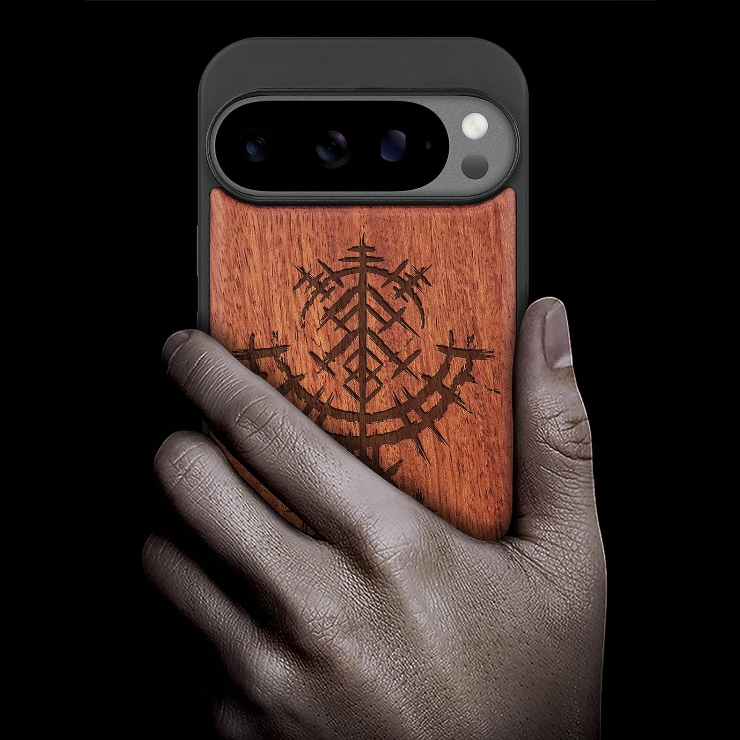 Carveit Magnetic Wooden Case for Google Pixel 10 Pro XL Case, Wood Artisan Engraved & Soft TPU Shockproof Cover, Compatible with MagSafe Wireless Chargers (Viking Symbols) Rosy