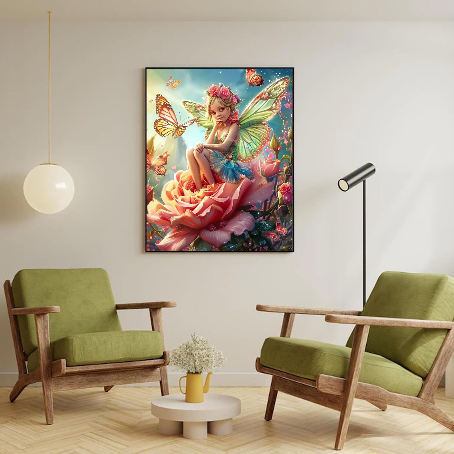 Oil Butterfly Fairy Painting Paint by Numbers Kits 16x20 inch Canvas Watercolor Style Pattern DIY Painting for Adults Beginners with Brushes Acrylic Pigment Drawings Gift Pink Flowers(with Frame)