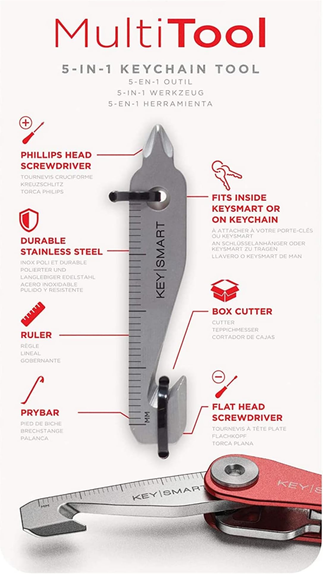 KeySmart MultiTool - 5-in-1 Multi-Purpose Keychain Tool with Box Opener, Ruler, Pry Bar, Phillips and Flat Head Screwdriver - EDC Gear Mini Multitool, and Keychain Accessories - Great Stocking Stuffer