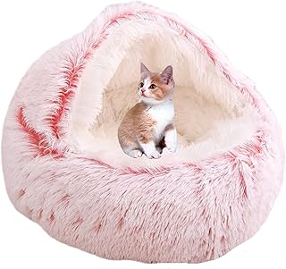 Cat Bed Calming Dog Bed Fluffy Coved Bed for Small Dogs or Cats Plush Cushion Cat Cave Bed Hooded Cover Donut Pet Bed Faux Fur Non-Slip Bottom,60cm,Pink