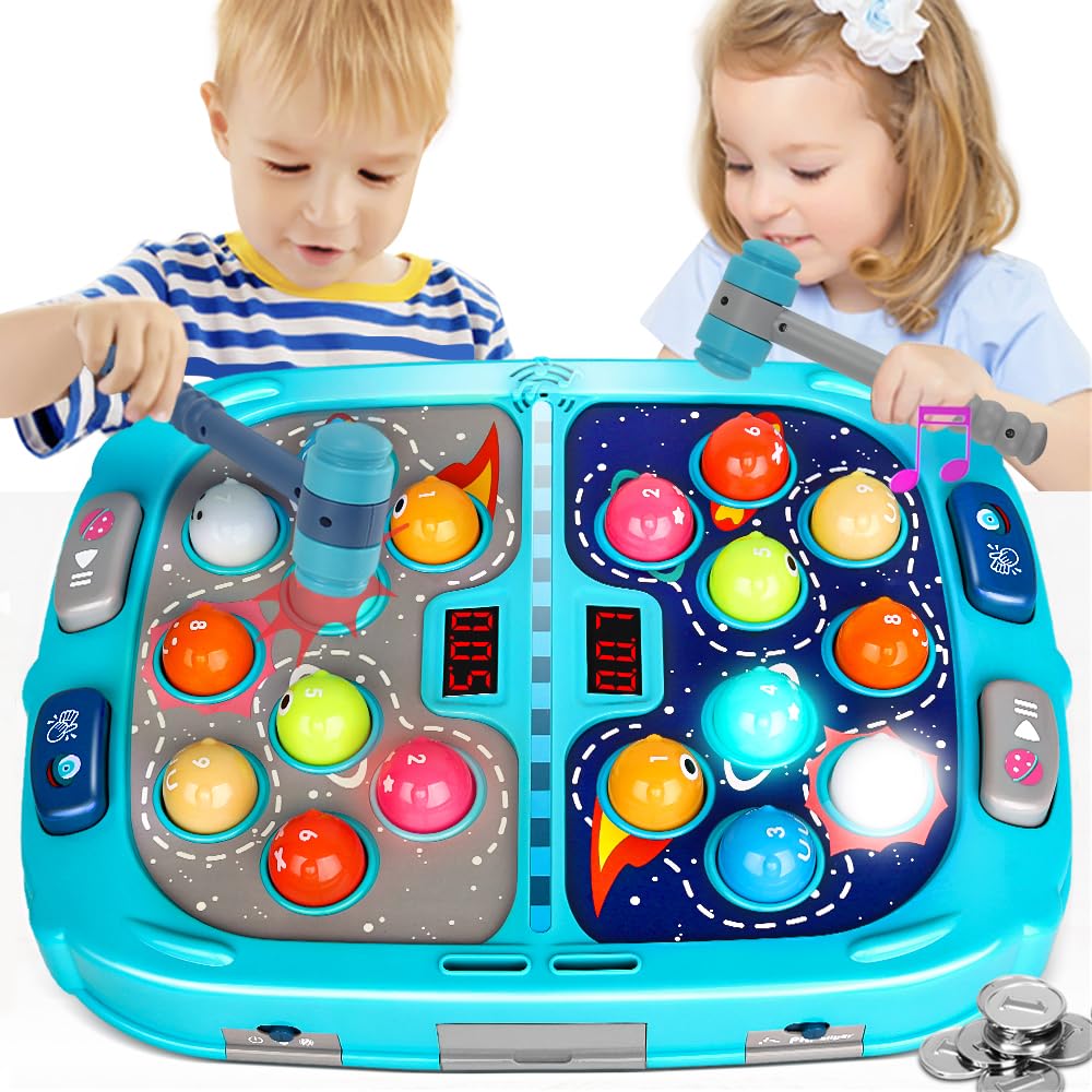 Whack Mole Game for Toddlers, Toys for 3-12 Year Old Boys and Girls, Whack Mole Toys for Kid,Gifts for 3 4 5 6+ Year Old Boys, Interactive Educational Toys with Sound and Light, PK Mode with 2 Hammers
