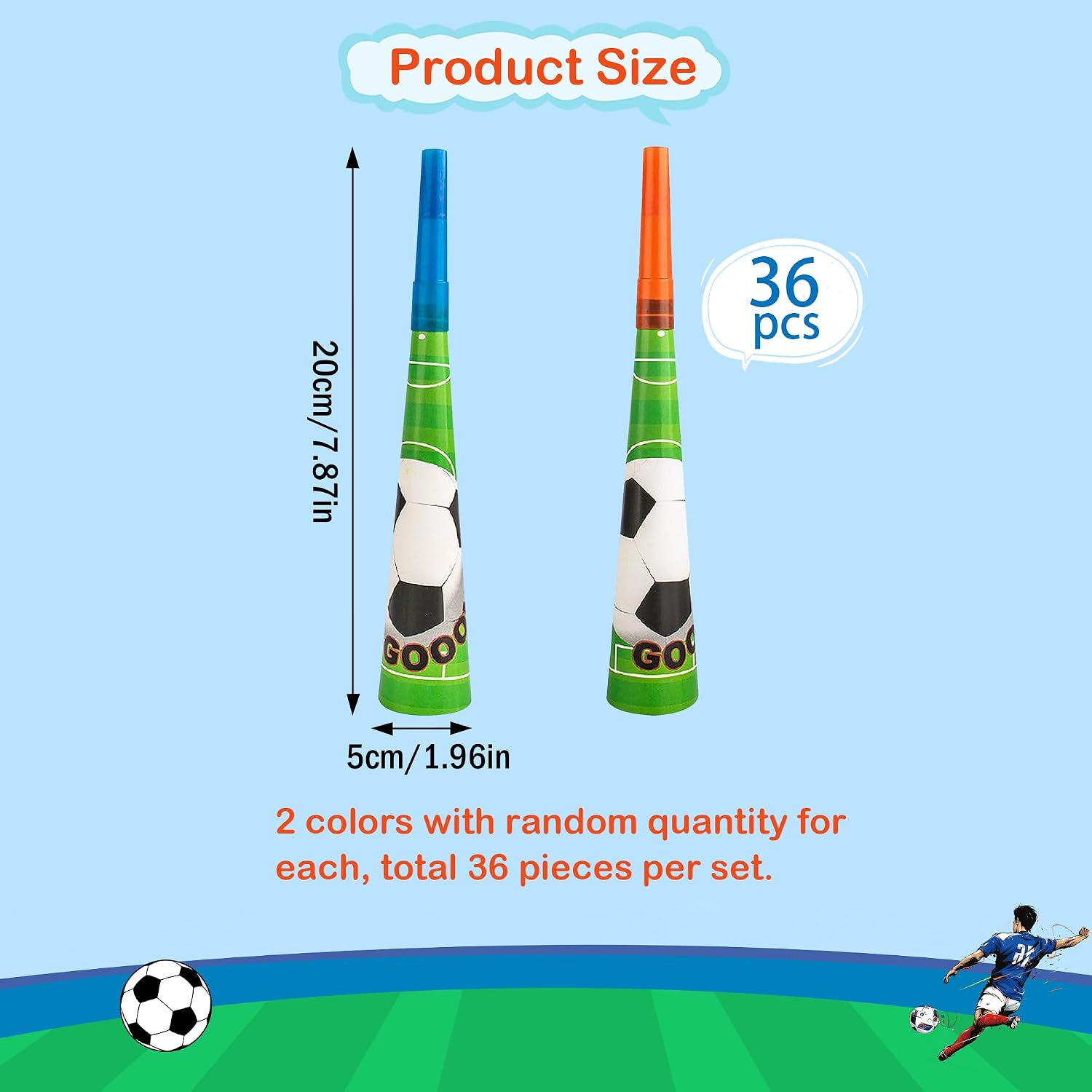 36 Pcs Soccer Horns Noise Makers, Football Stadium Horns, Fan Cheering Noisemakers Photo Booth Props for Adults Sports Themed Party Soccer Game Days Birthday Celebrations Party Supplies