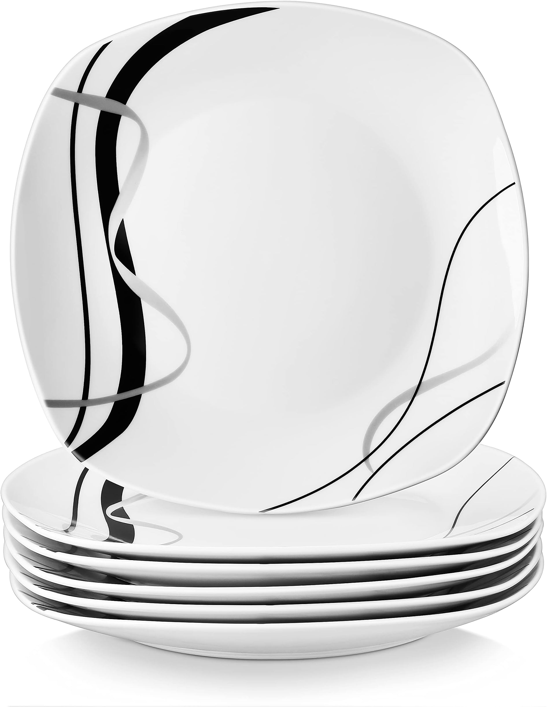 VEWEET 'Fiona' 6-Piece 9.75" Dinner Plate Ivory White Porcelain Black Decals Round Plates Dinning Set Ketchen Service Porcelain China Dinner Plate (24.7 * 24.7 * 2.2)