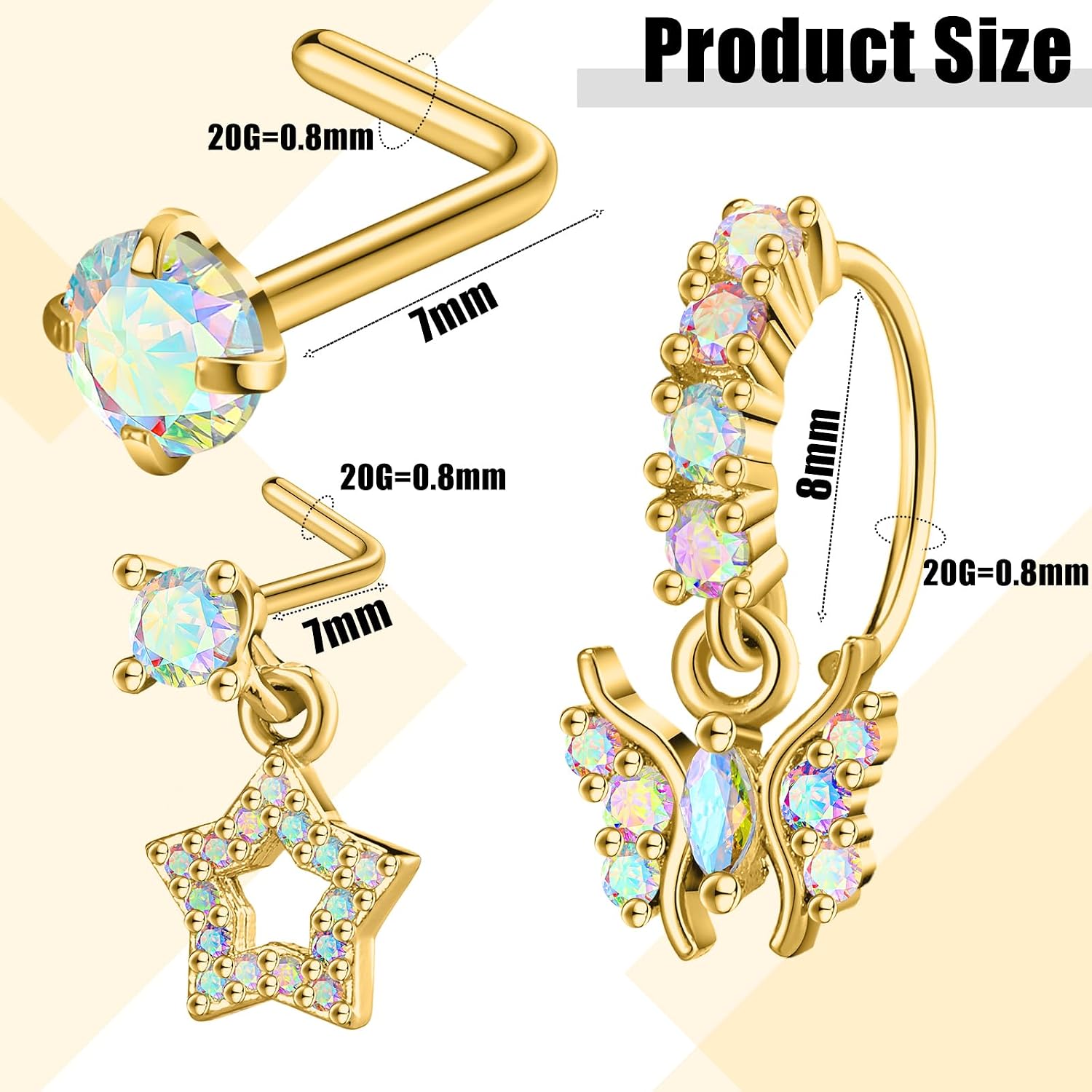 Bonuci 18 Pcs Dangle Nose Ring L Shaped Dangling Nose Stud Nose Ring Hoop Indian Nose Piercing Jewelry with Charm