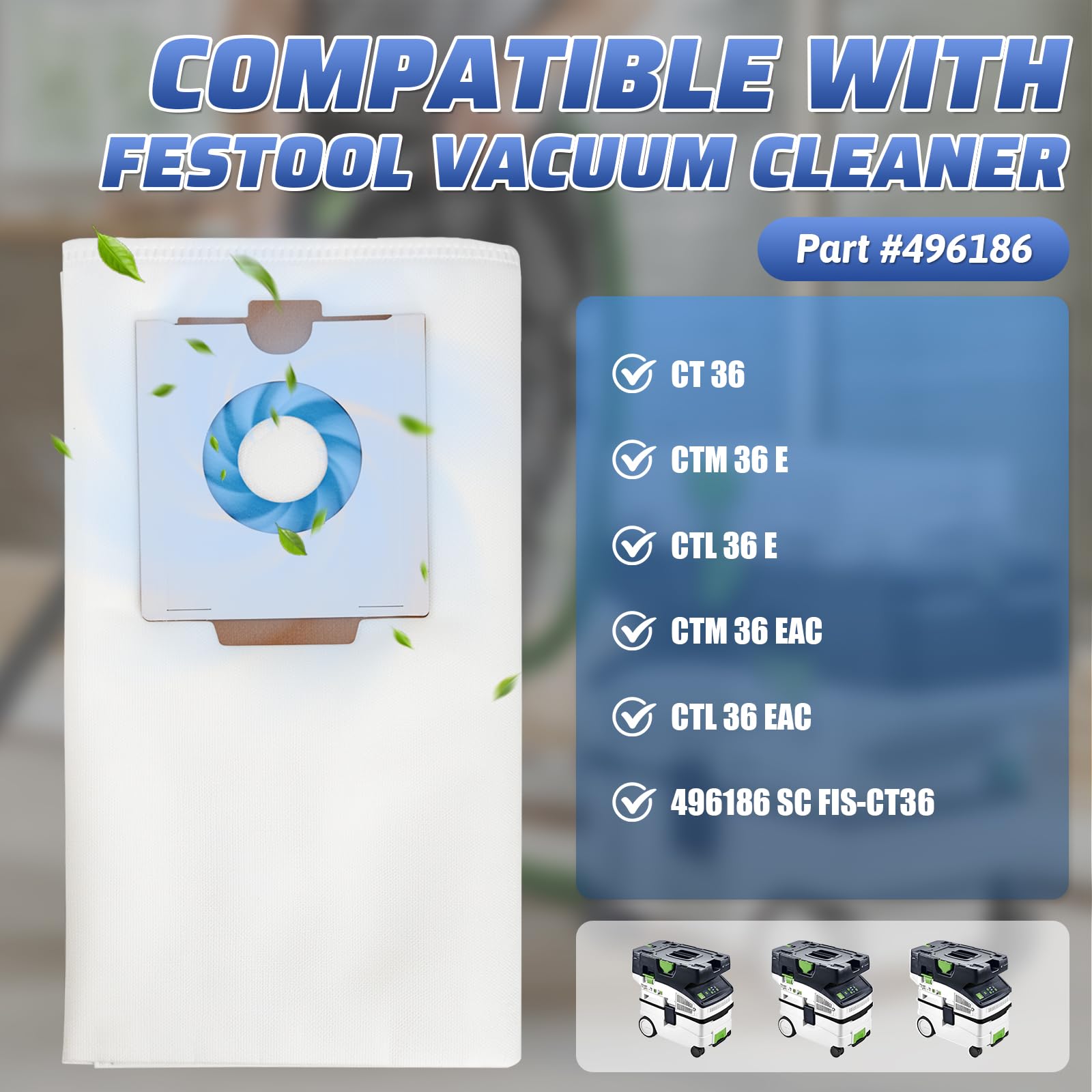 12 pezzi sacchetti per aspirapolvere Festool 496186 SC FIS-CT36, CT 36/CTM 36 E/CTL 36 E,sacco filtro di grande capacità Dust Extractor ricambi accessori SC FIS-CT