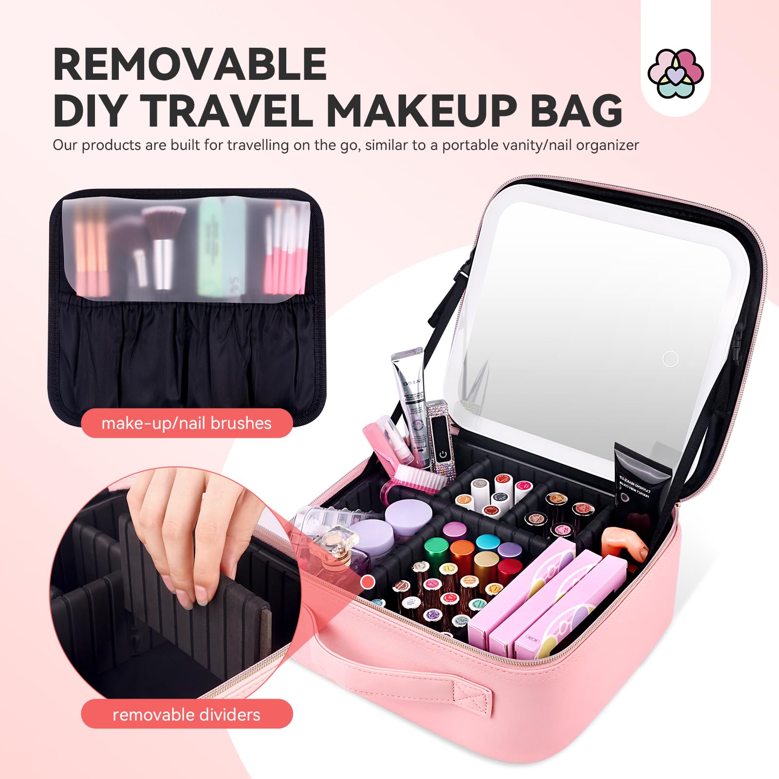 SAVILAND Reise-Makeup Tasche PU-Leder Kosmetiktasche mit Wiederaufladbarer beleuchtetem Spiegel, Kosmetiktasche Einstellbarer Helligkeit in 3 Farbszenarien Make up Tasche mit verstellbaren Trennwänden
