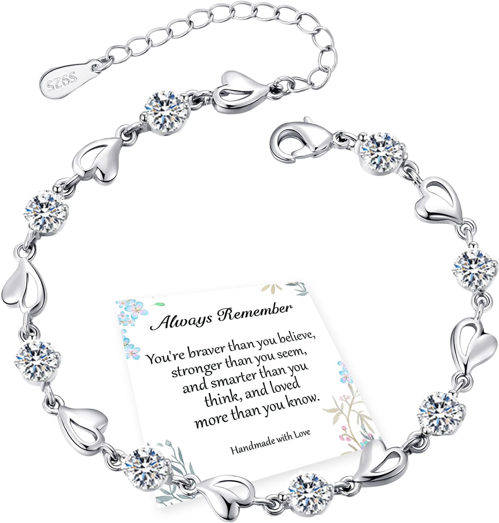 Sterling Silver Love Heart Bracelet with Shiny Crystal Diamonds - Adjustable Heart Bracelet for Women & Girls