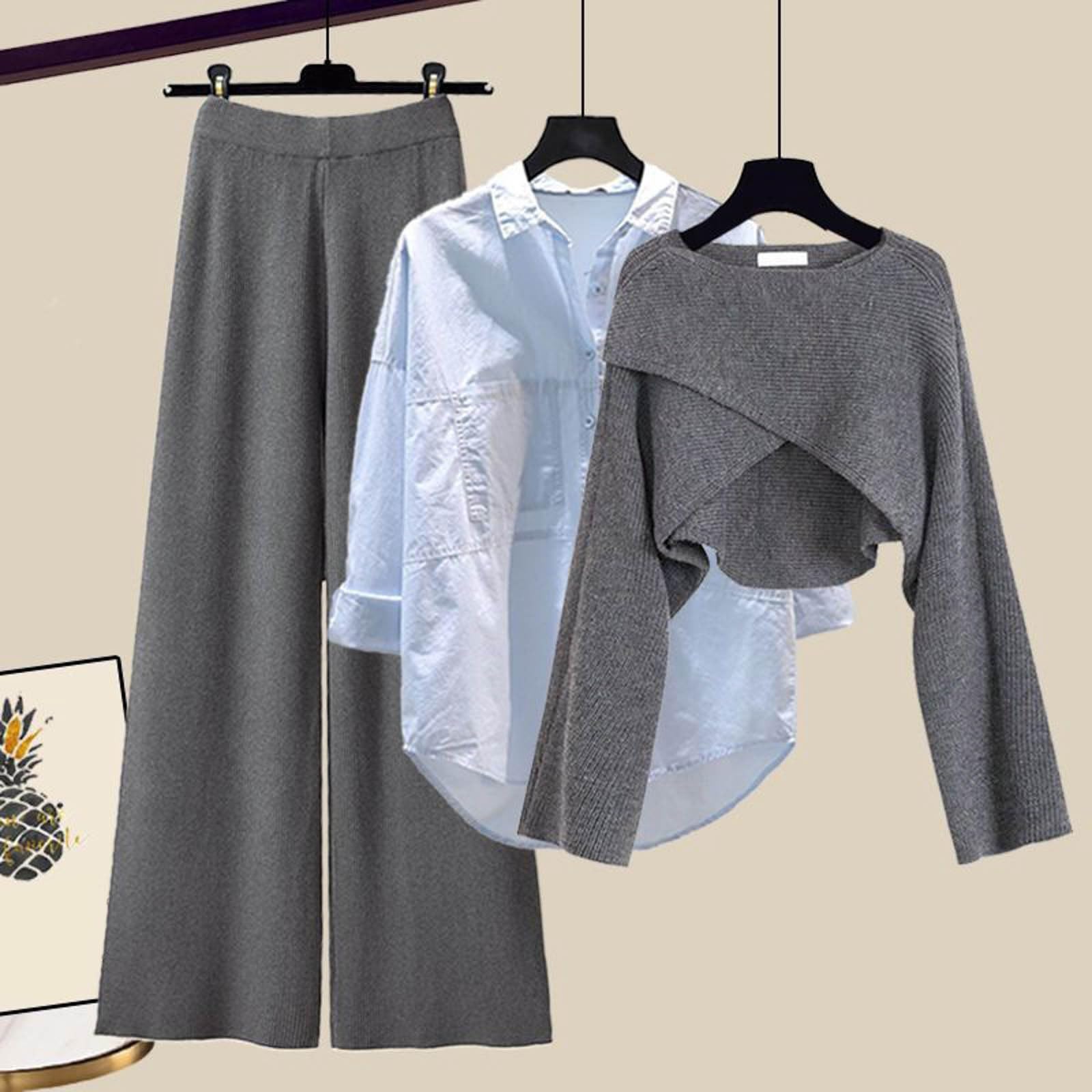 3 pezzi, abbigliamento da donna, ufficio, maglione irregolare + camicia + pantaloni a gamba larga, estivi, basic
