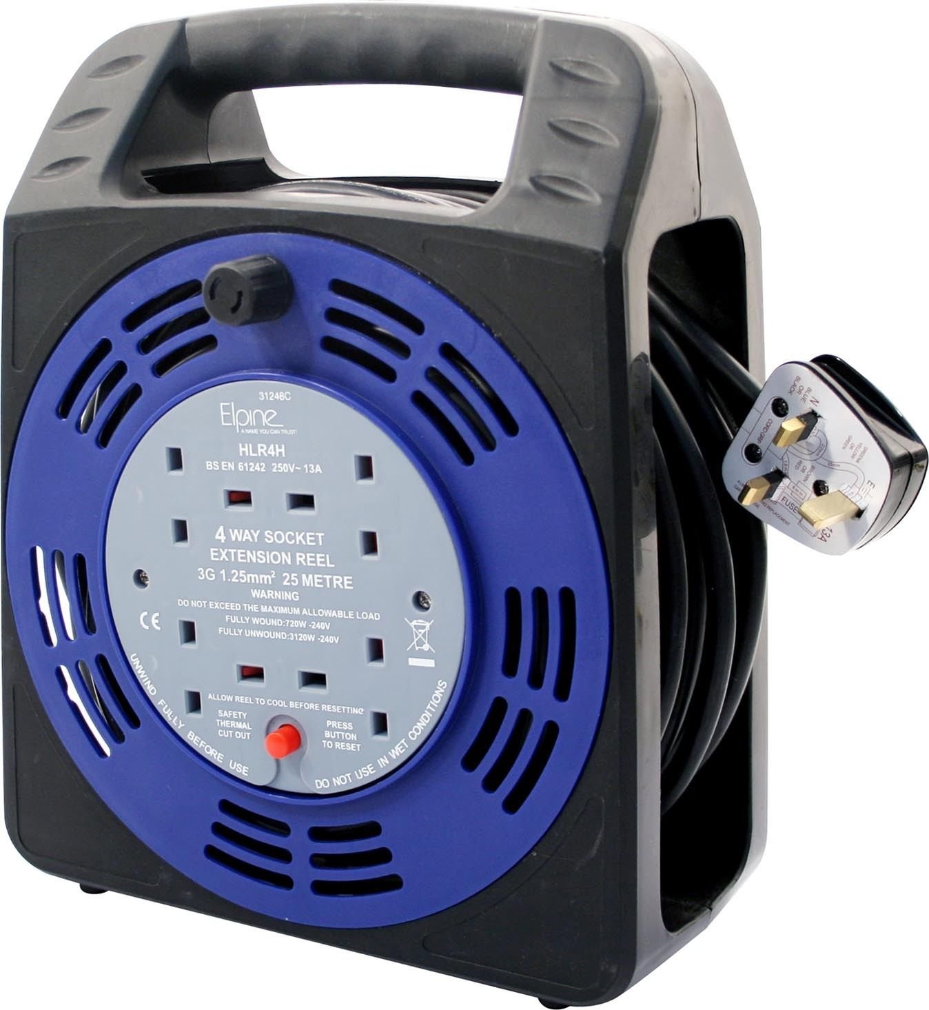 Elpine 25M 4 Socket Cable Reel Extension Lead 13A Thermal Cut Out Reel - 31248C