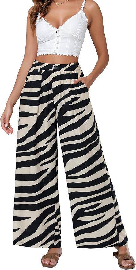 Women Elastic Waist Palazzo Wide Leg Zipper and Button Dress Pant with Pockets for Office Vocation