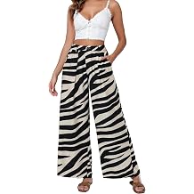 Women Elastic Waist Palazzo Wide Leg Zipper and Button Dress Pant with Pockets for Office Vocation