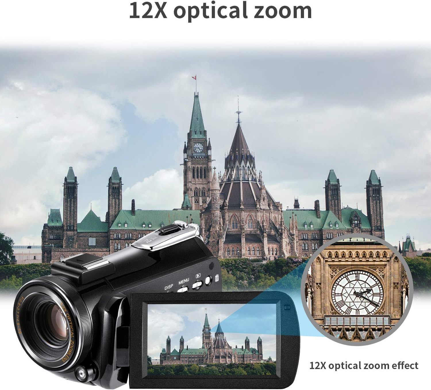 ORDRO HDR-AC5 camcorder demonstrating 12x optical zoom on a distant building, showing a clear zoomed-in view on the screen.