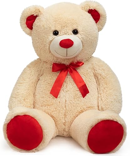 Miniatura 2 de Enorme oso de peluche gigante con lazo de cinta roja para el día de San Valentín, regalo para novia y niños, 36 pulgadas, beige