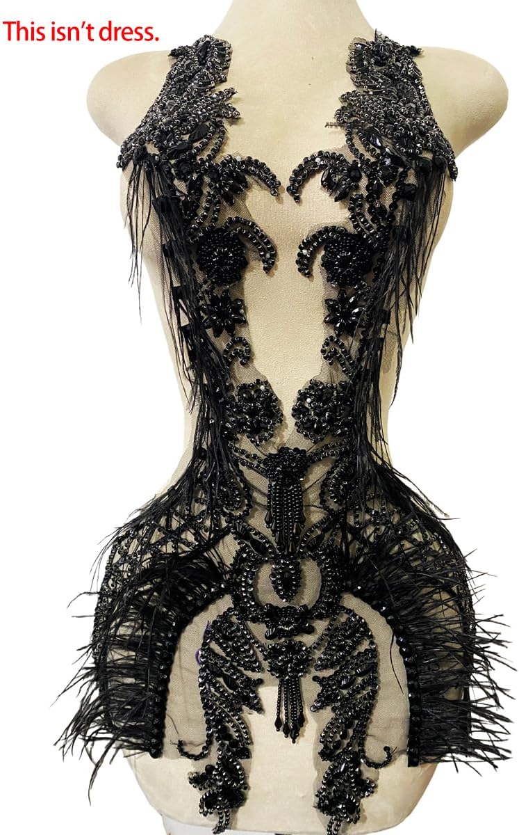 Large Size Pure Hand-Stitched Bodice Rhinestones Appliques Long Feather Decorative Bead Embroidery Trim Patches Exquisite Luxury Accessories for Dress Clothing (Black)