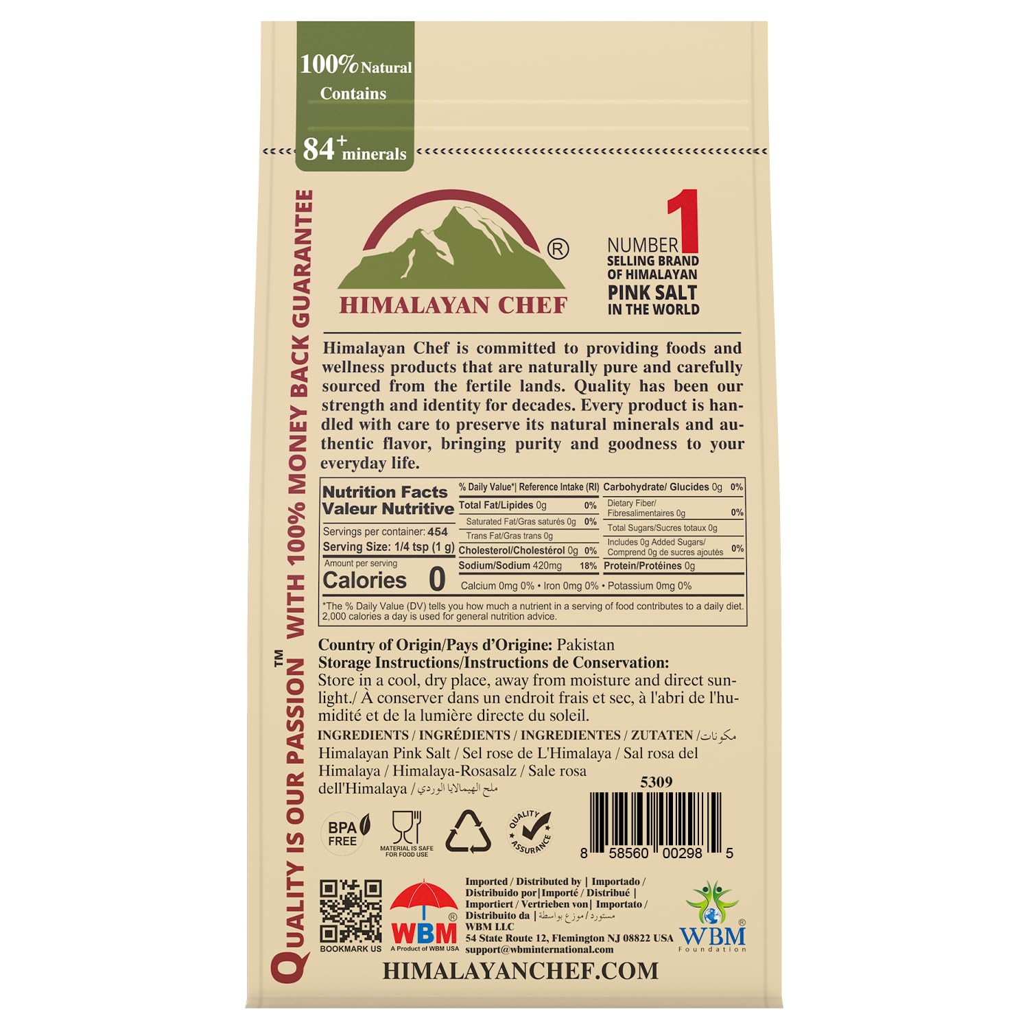Himalayan Chef Pink Himalayan Salt Fine Grain, 1 lb Bag - Pure, Natural, Kosher, Non-GMO, Mineral-Rich, for Cooking, Seasoning, Baking, Table Use