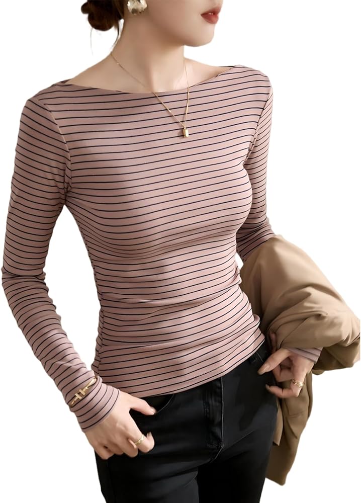 Amazon | [MEME XTRA] ストライプ長袖ボートネックTシャツ レディース