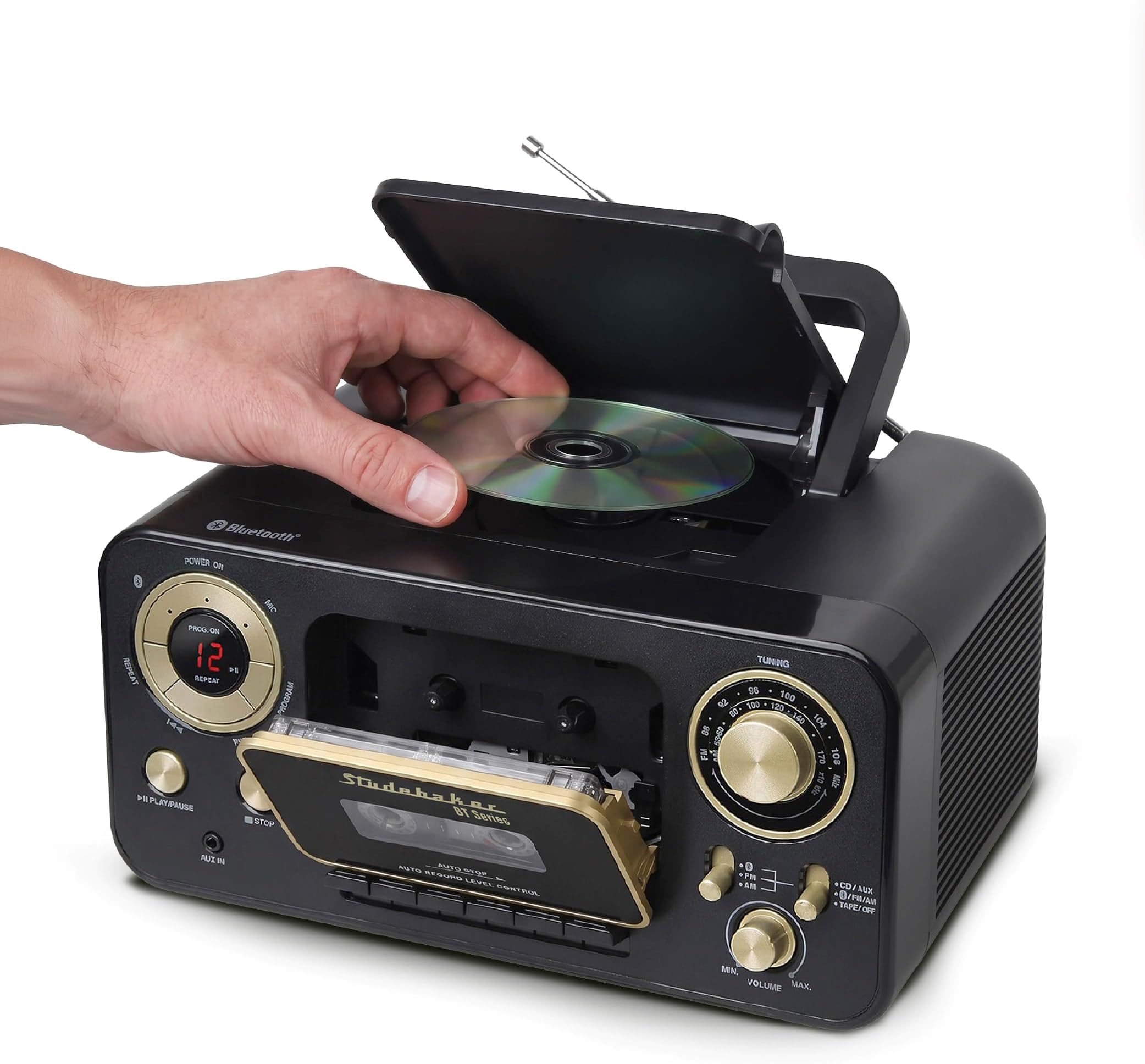 Studebaker Portable CD Player with Bluetooth, AM/FM Stereo Radio & Cassette Player/Recorder with Aux-in and AC/DC Power - Black & Gold