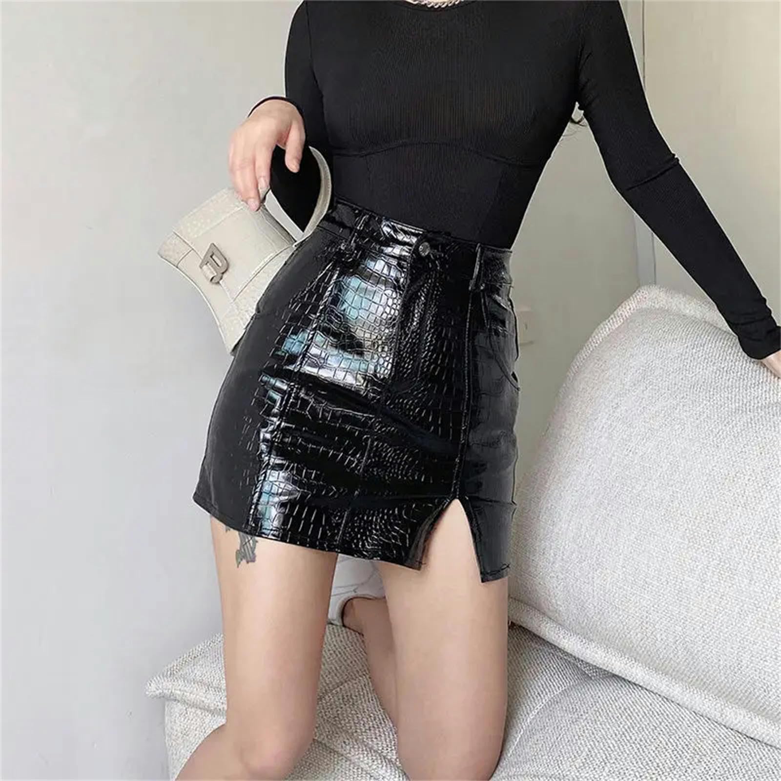 Gonna Lunga Donna Pu Gonne in Pelle Side-Slit Mini Vita Alta Nero Cool Streetwear Club Fashion Party-Nero-l