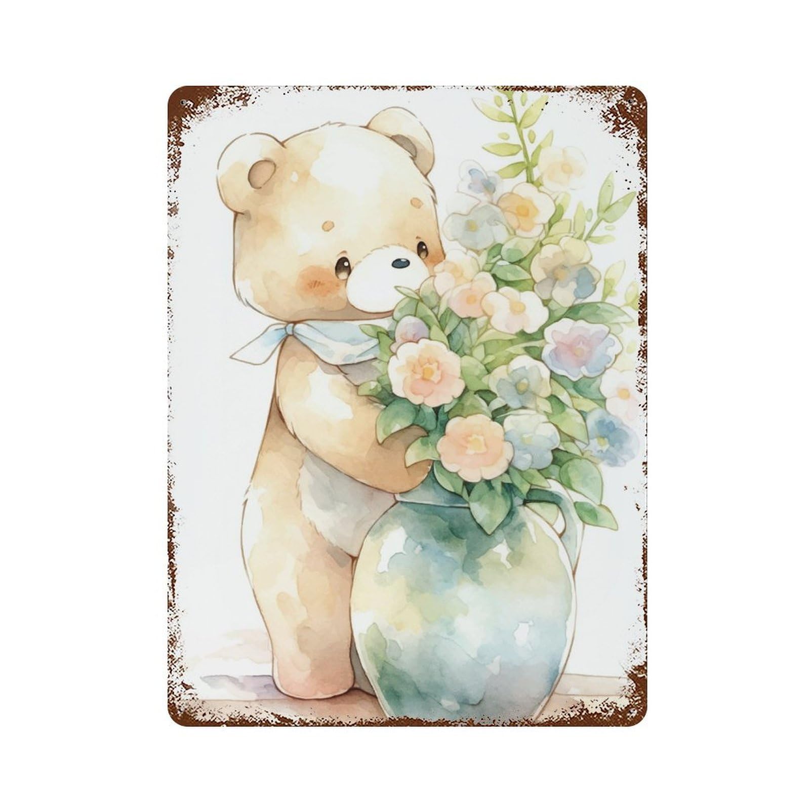 Garage Style Teddy Bear with Flower Bouquet Rusty Metal Tin Sign 15.7"x11.8", Classic Wall Plaque for Bar And Workshop
