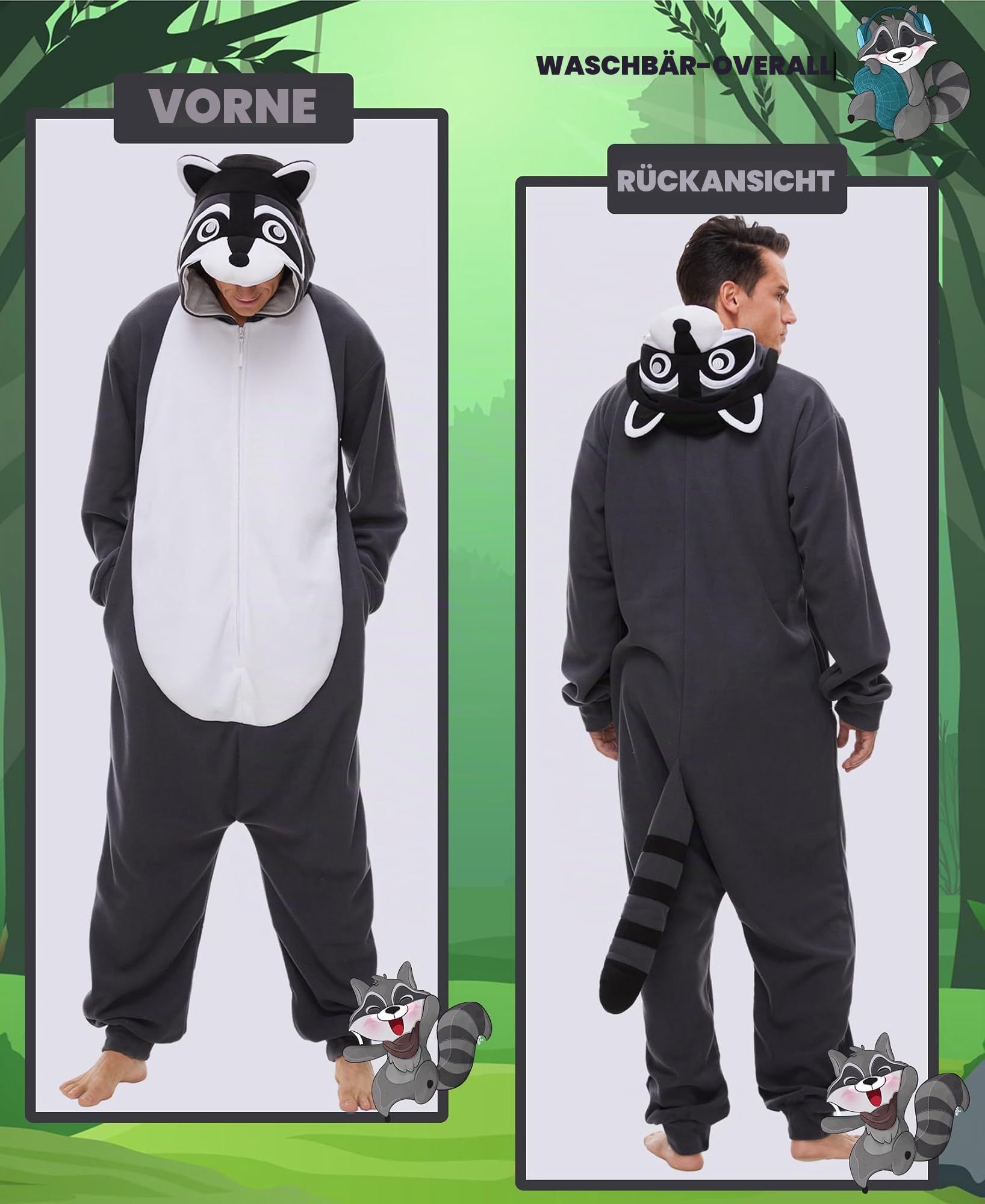 Kidukso Erwachsene Waschbär Jumpsuit Lustiges Tier Einteiler Schlafanzug Halloween Karneval Cosplay Kostüm, Grau
