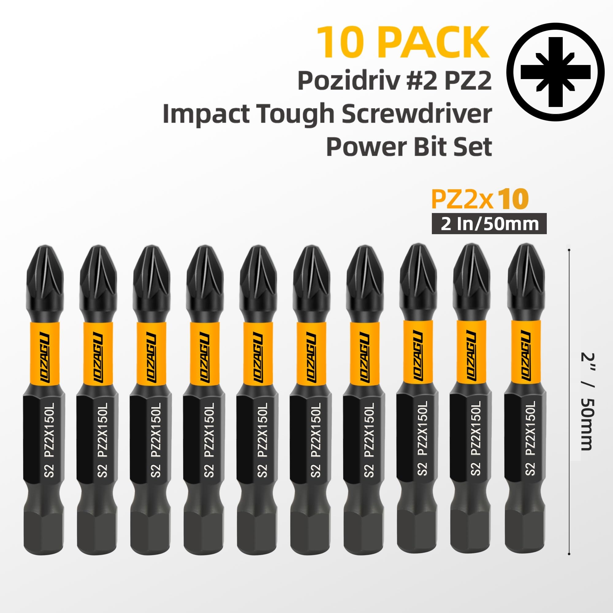 LOZAGU 10-Piece PZ2 50mm Bits, Yellow, PZ2 Magnetic Impact Bits Set including Storage Box - Image 2