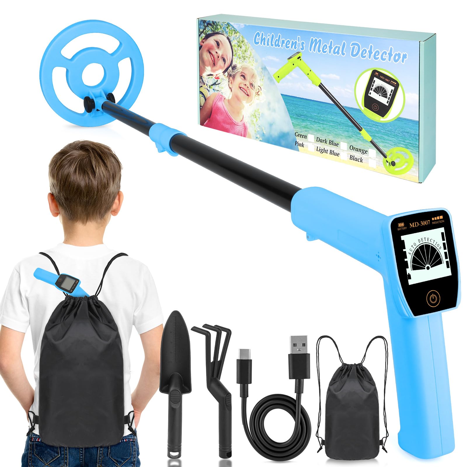 Metal Detector Kids - iTayga 2026 Rechargeable Children Metal Detectors with 1800mAh Battery, Adjustable Height 24"-35", High Accuracy Coil Waterproof Gold Detector with LCD Display for Outdoor, Blue