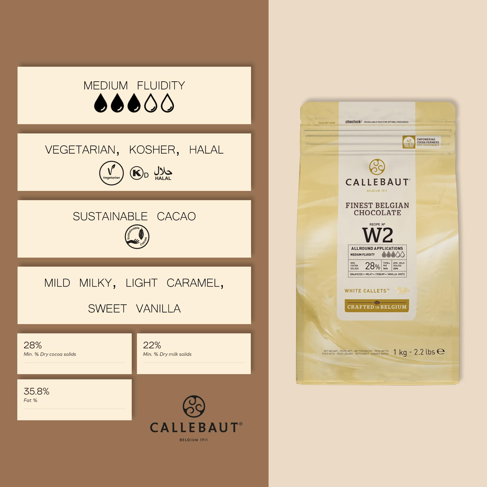 Callebaut W2 pépites de Chocolat Blanc (callets) Lot de 3 x 1kg