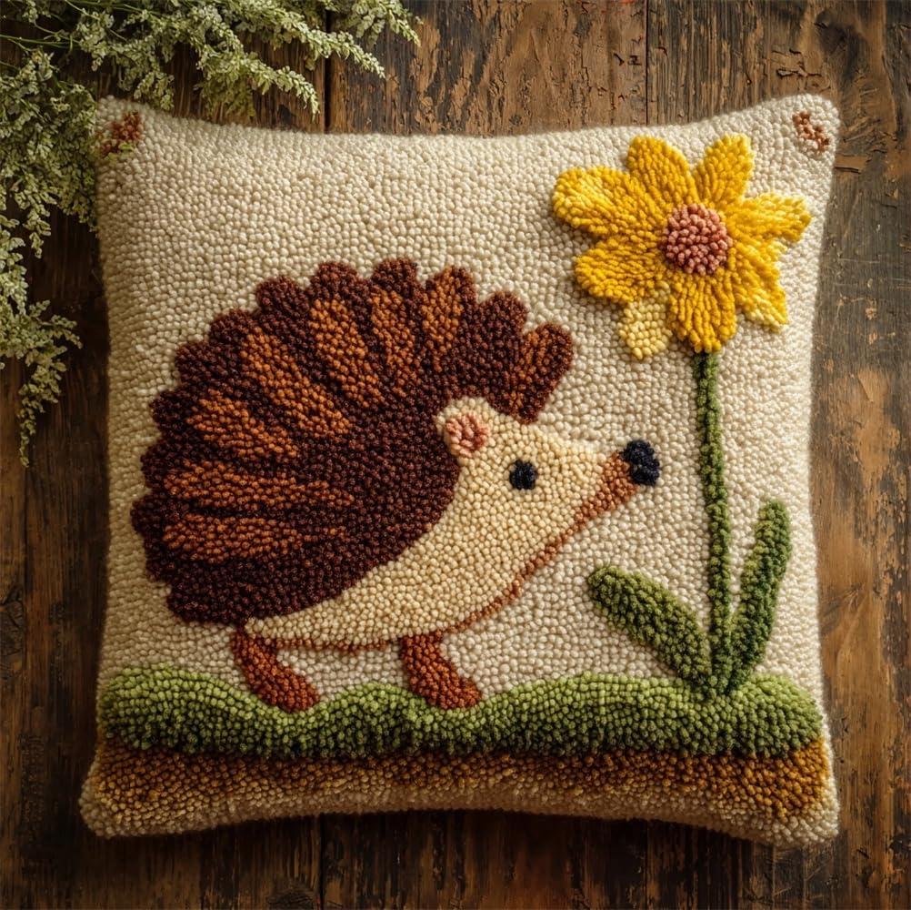 kitphoenix Latch Hook Cushion Kits for Adults Hedgehog and A Flower Rug Cover Pillowcase Beginner DIY Needlework Embroidery Kits Handmade Set Craft Sofa Home Decor 17X17Inch