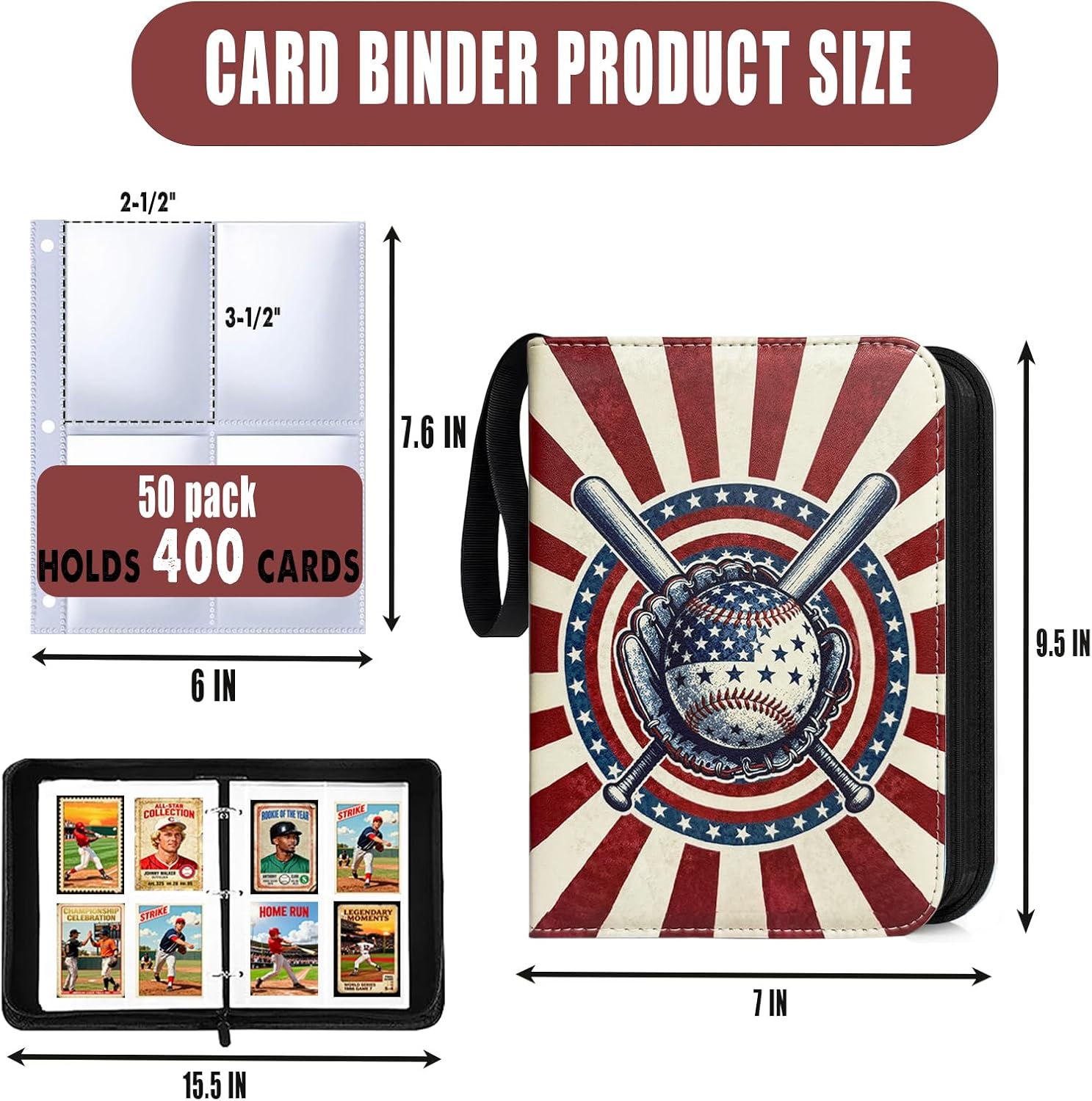 Baseball Card Binder with Sleeves 400 Pockets, Trading Card Holder Organizer Display Case Compatible with Sport Card, Baseball, Football, Basketball, TCG Cards