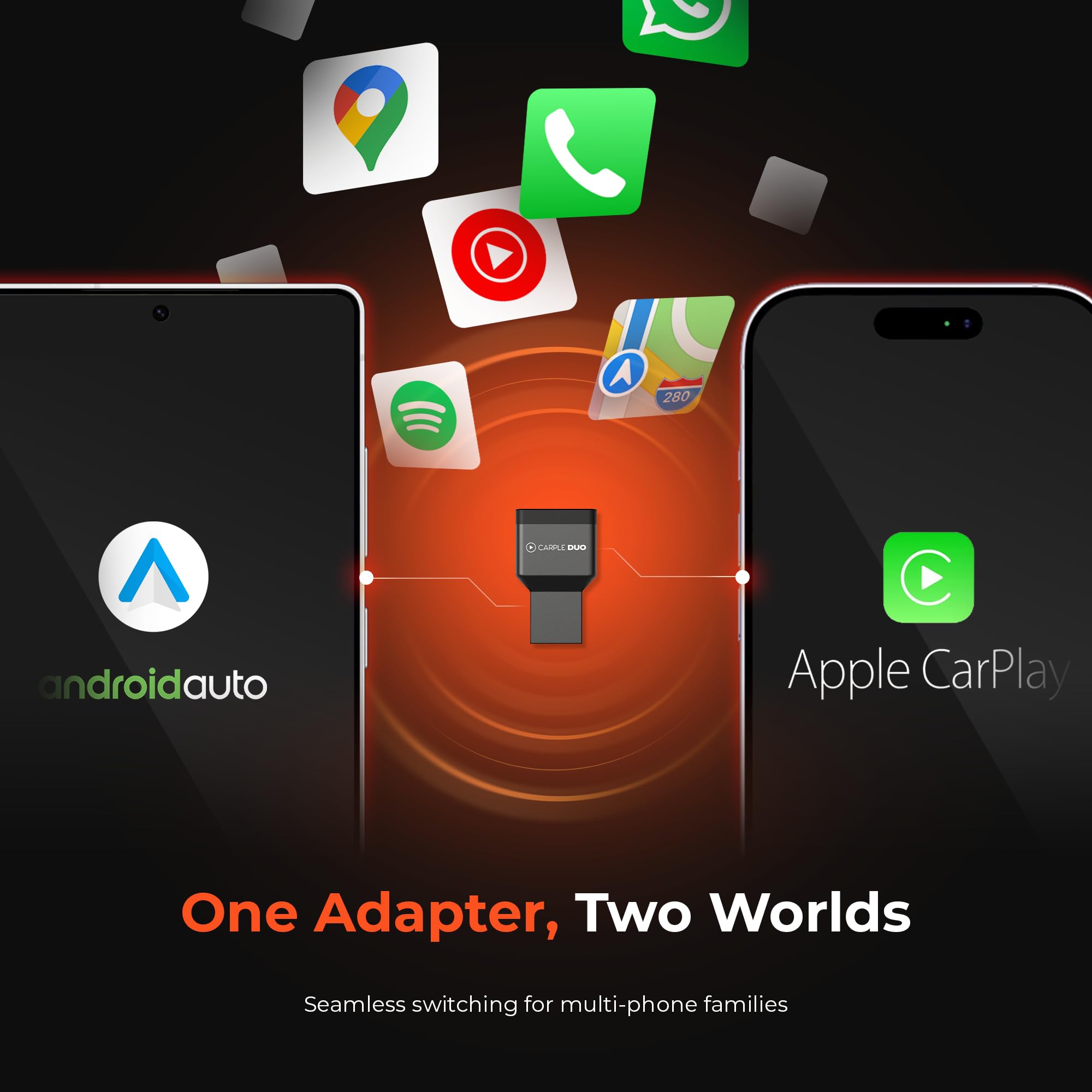 Duo Wireless Adapter – 2026 uaktualnienie z przewodowej integracji smartfona na bezprzewodową, kompatybilny z CarPlay i Android Auto, aktualizacje OTA, bezstratny dźwięk, USB-C i USB-A Plug