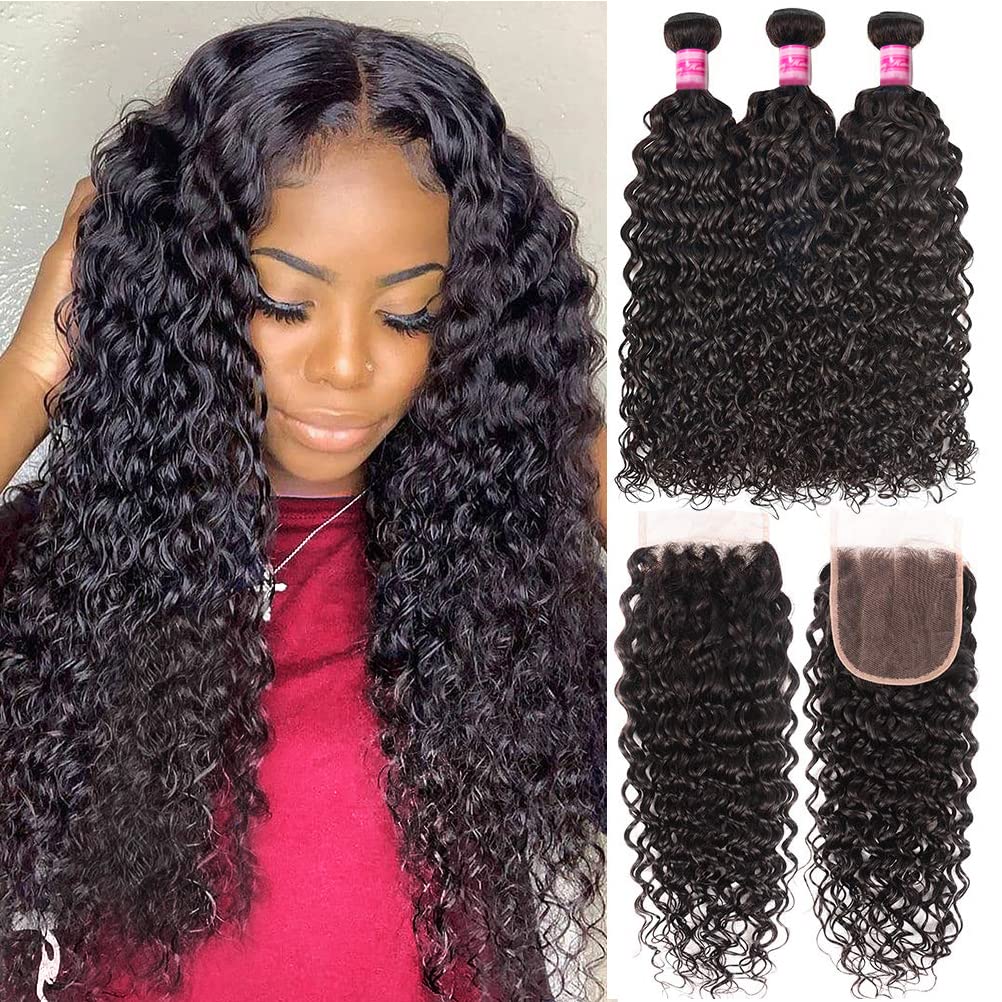 Water Wave Human Hair Bundles with Closure Brazilian