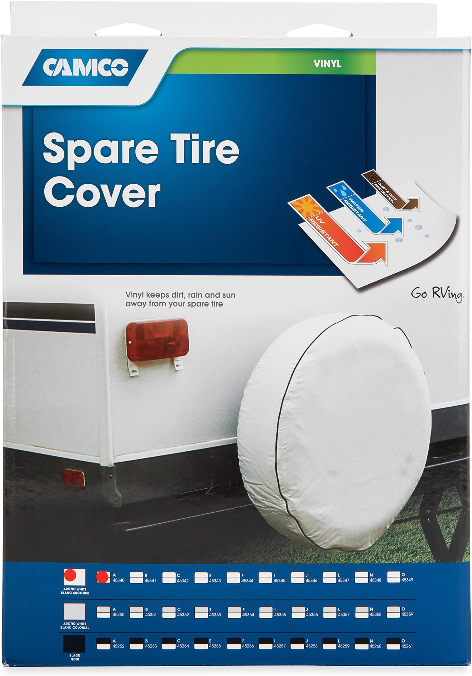 Camco Camper/RV Spare Tire Cover | Features Arctic White Vinyl & Heavy Duty Nylon Thread for Weatherproof Seams | Fits 34-Inch Diameter Tires & Measures 34.5-Inches in Diameter (45340)