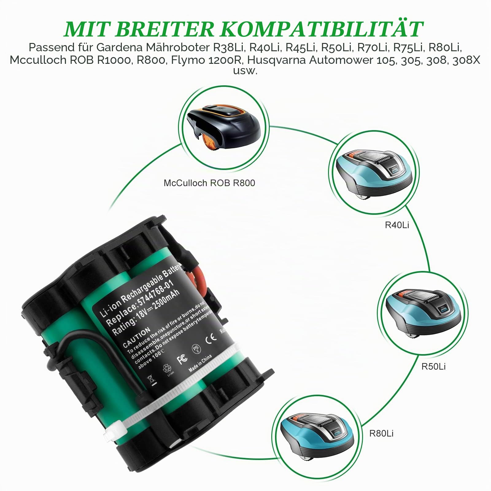 2500mAh 18V Akku Ersatz für Gardena Mähroboter R40Li R38Li R45Li R50Li R70Li R75Li R80Li Husqvarna Rasenmäher 305 308 McCulloch ROB R1000 R800