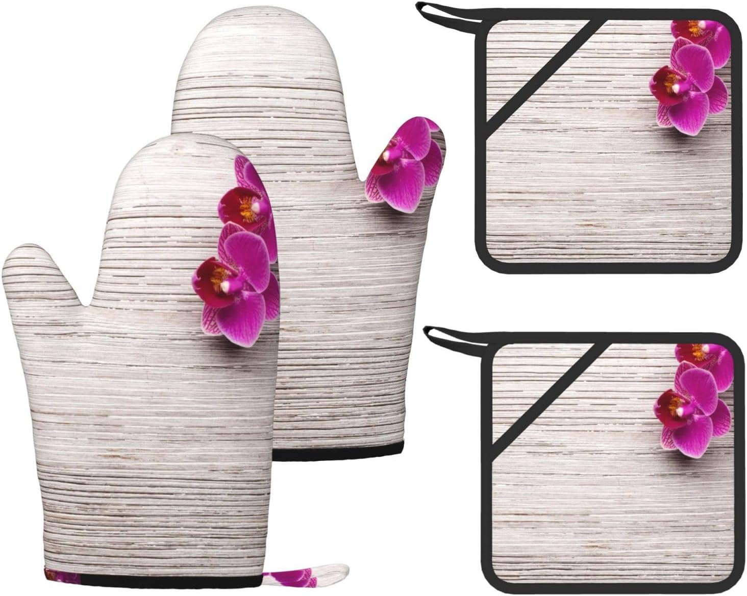 Flower Wooden Oven Mitts and Pot Holders Set of 4 Heat Resistant Kitchen Gloves with Silicone Palm Hot Pads for Baking Cooking Grilling BBQ