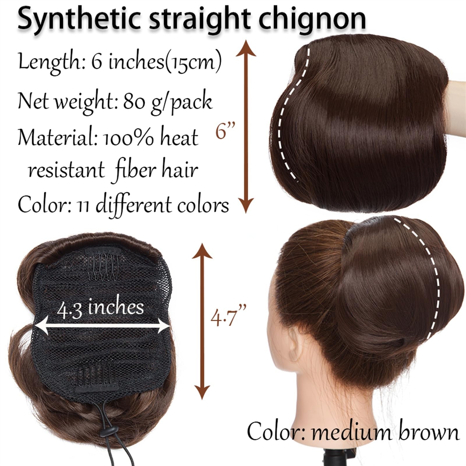 Moño de pelo Moño recto sintético Moño Piezas for el cabello 6 "Extensiones de cola de caballo con cordón Clip en la extensión del cabello Moño de rosquilla resistente al calor for mujeres Piezas de m