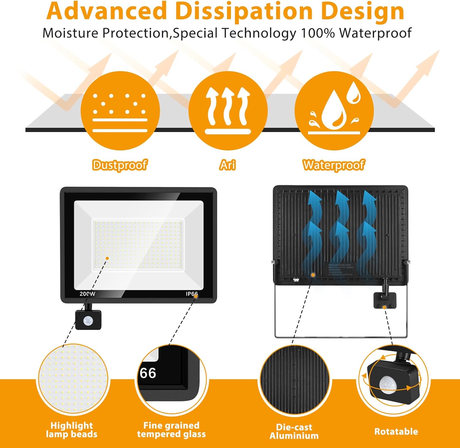 2 Pack 200W LED Motion Sensor Flood Light, Super Bright IP66 Waterproof Outdoor 23000 lumens 5000K Daylight Dusk to Dawn Security Light for Front Porch, Barn