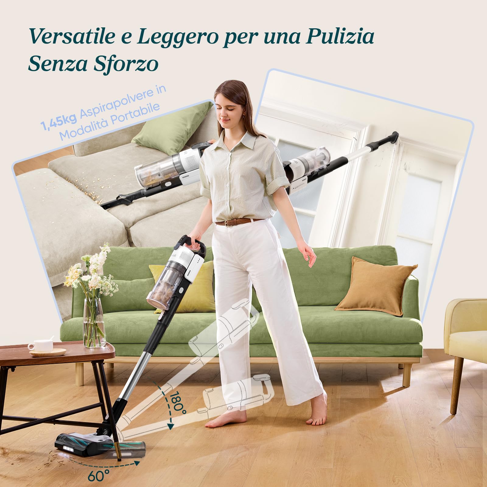 LEVOIT Aspirapolvere Senza Fili Antigroviglio e Leggero, Fino a 50 Minuti con 3 Modalità, Luce LED, Filtrazione a 99,9%, 4 in 1 Scopa Elettrica Senza Fili per Animali, Pavimento, Auto, 180W