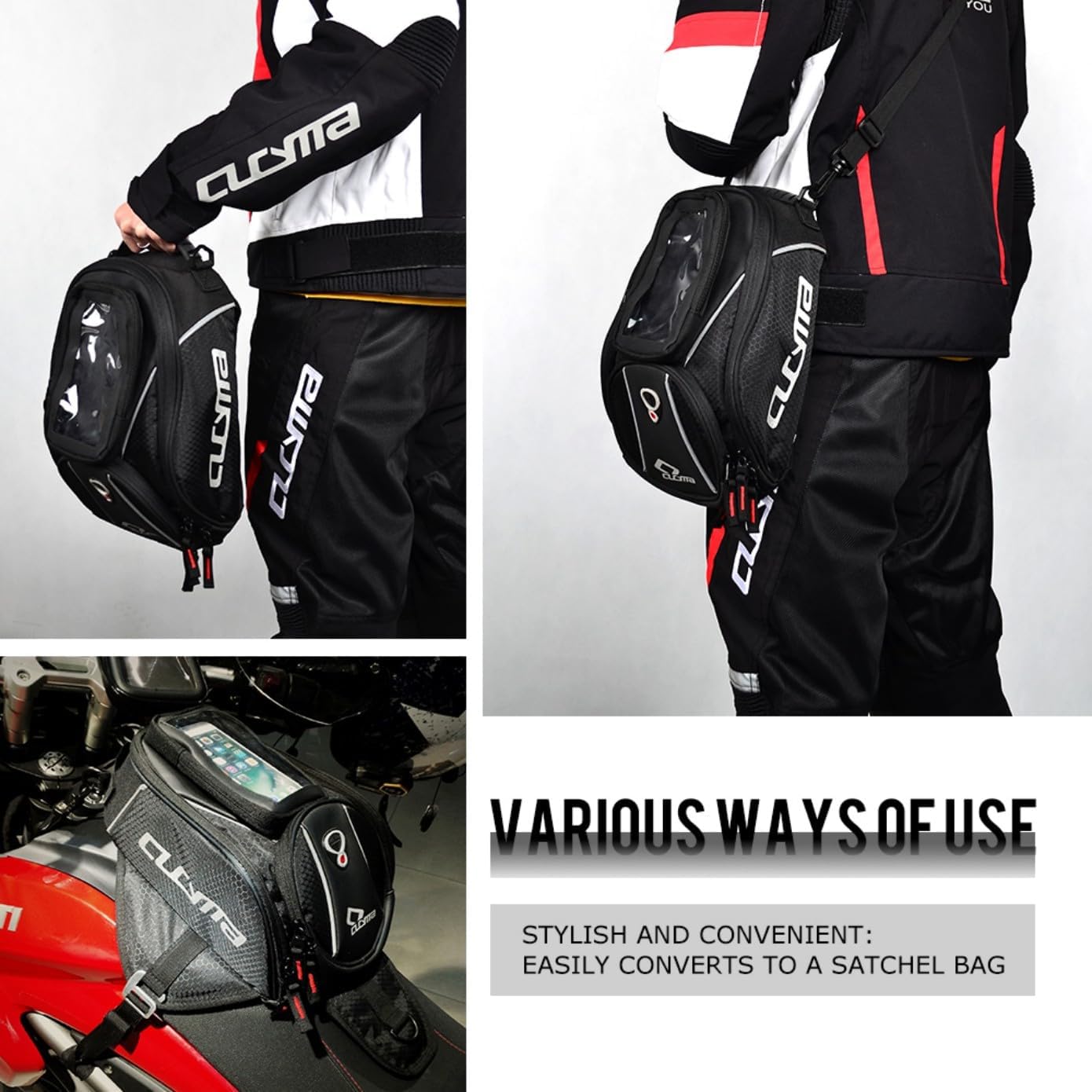 Motorcycle Tank Bag, Magnetic Motorcycle Tank Bag with Detachable Clear Phone Pouch and Rain Cover, Gas Tank Bag for Street and Touring Bikes, Black