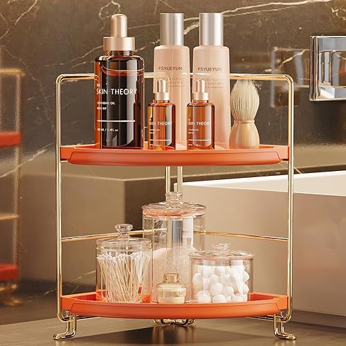 Miniatura 7 de FSyueyun Organizador esquinero de 2 niveles para encimera de baño, instalación sin herramientas, estante de tocador de plástico pequeño, bandeja de